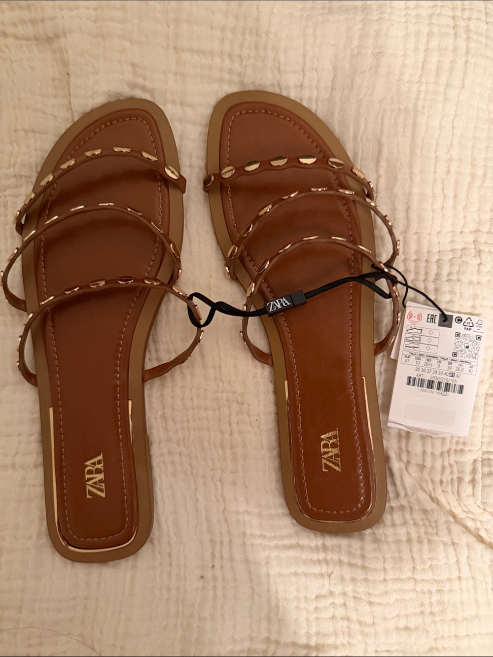 ZARA Tan Strappy Flat Sandals with Gold Accents